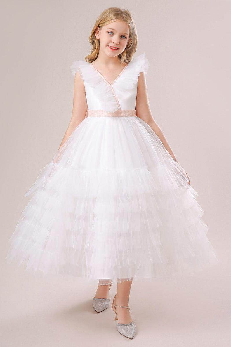 A-line/Princess V Neck Ankle Length Tulle Flower Girl Dress 749446713431 - COCOMELODY